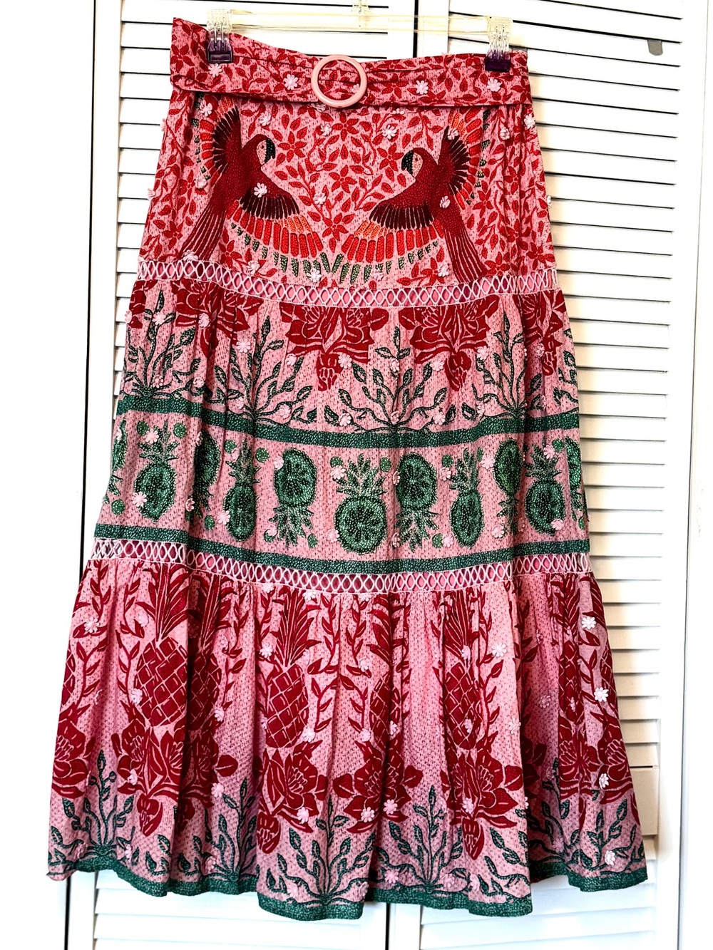 Farm Rio Pink Ainika Macaws Maxi Skirt
size XL